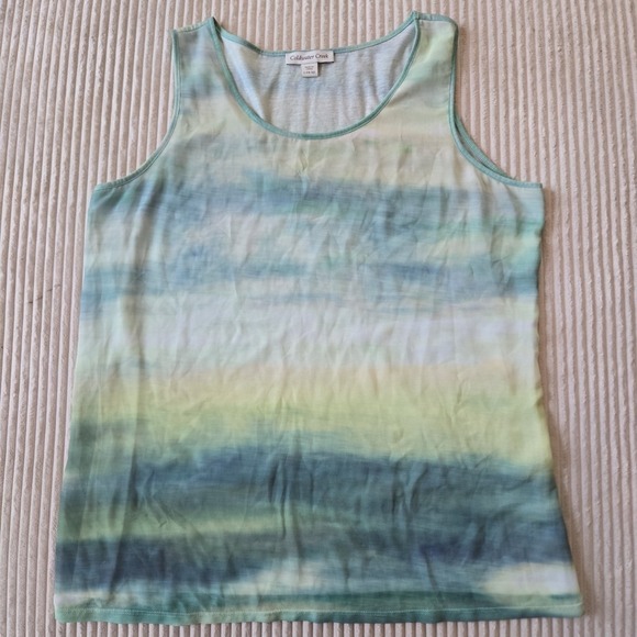 Coldwater Creek Womens Large Tank Top Green/Blue Abstract Sheer Front Lined - Picture 1 of 6